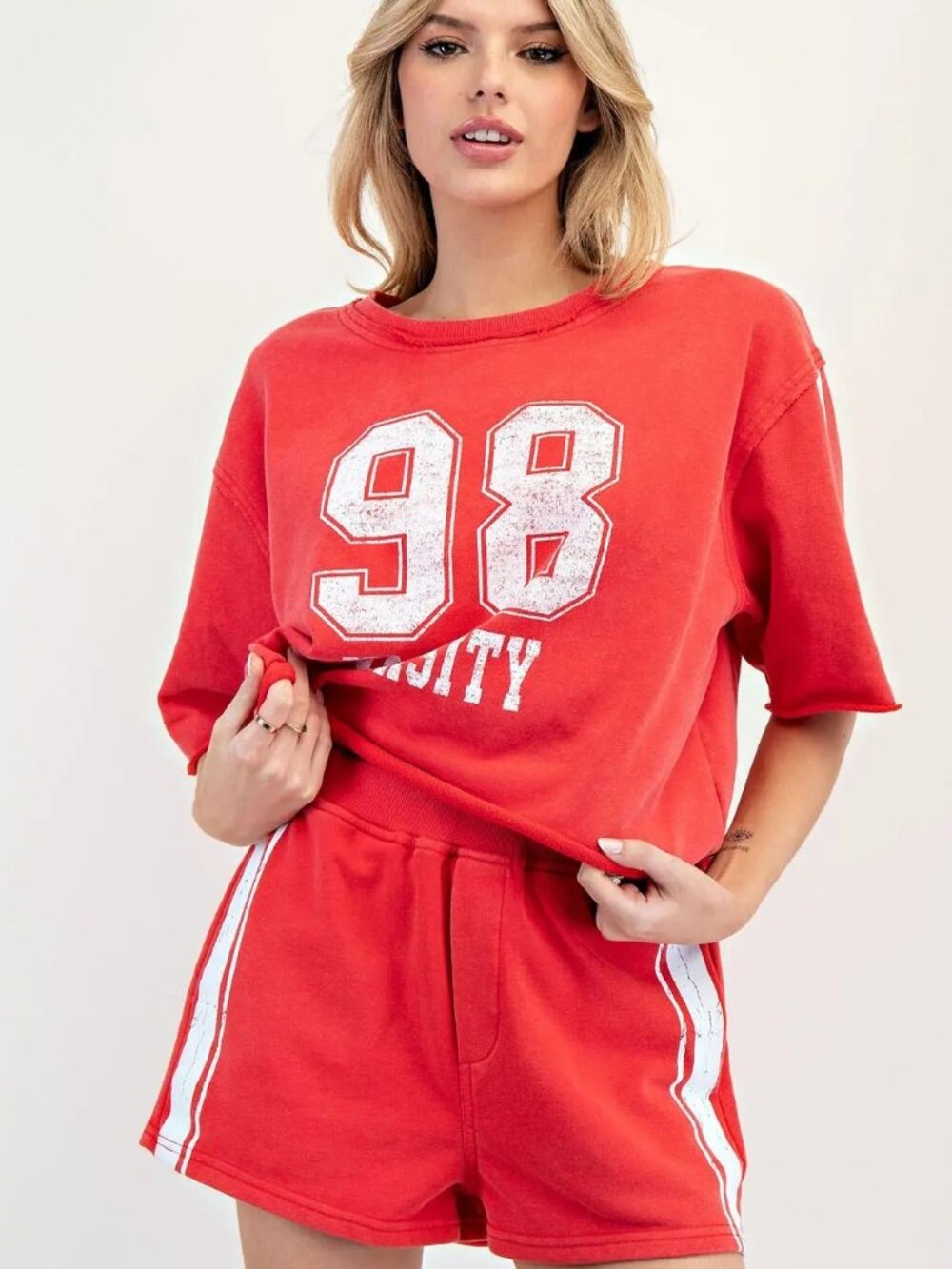 Mineral Washed Track Shorts Set- Red
